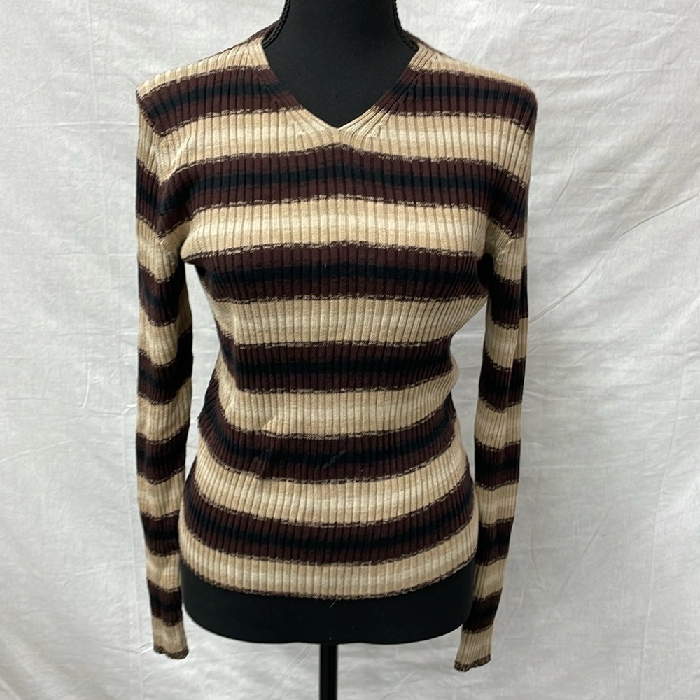Emanuel vintag pullover v-neck sweater, brown and tan, 100% silk, smaller size L